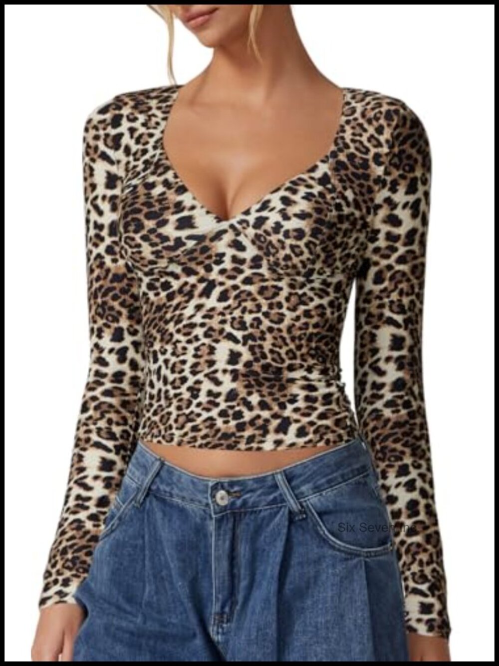 Double Lined V Neck Long Sleeve Crop Top Seamed Cup Slim Fit